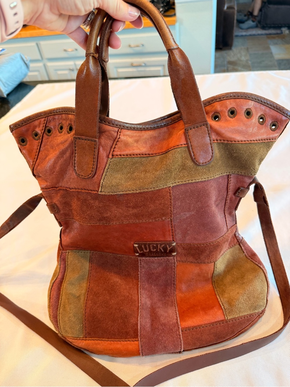 Vintage Lucky Brand Patchwork Suede & Leather Dual Handle Tote in Earth Shades - Picture 10 of 11